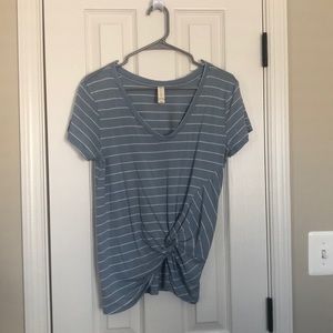 blue and white striped tied tee